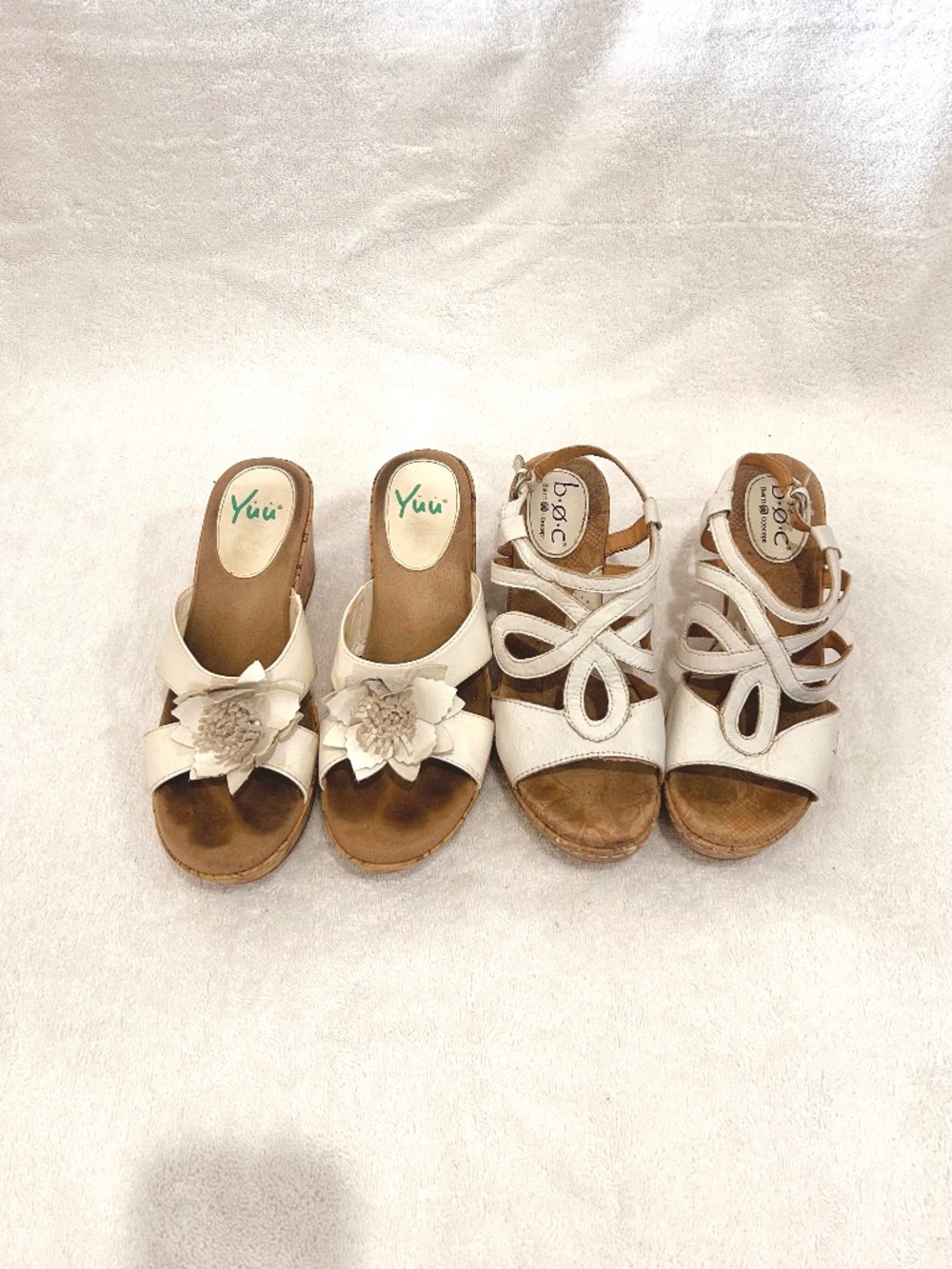 Lot of 2 white sandals Bornwedge platform heel cork sole slip on strappy sandals